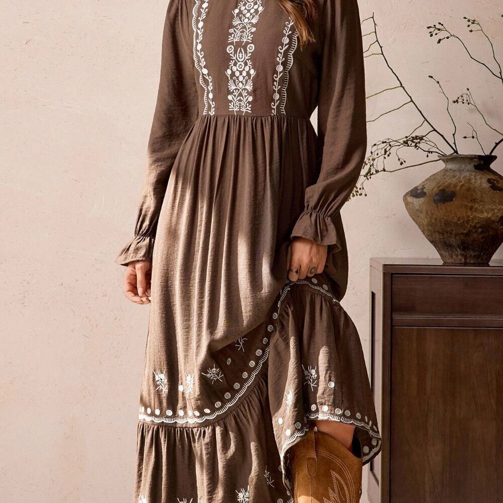 Coffee Brown Party Women's Frill Maxi Dress